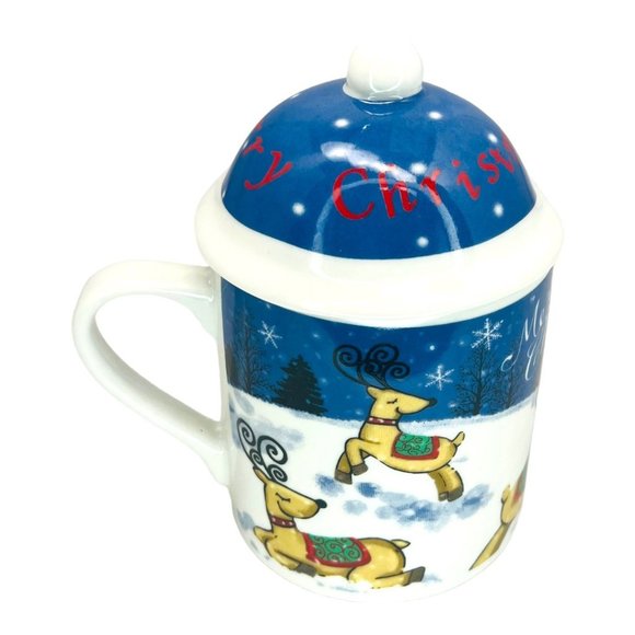 Set of TWO MSI Ceramic Christmas Hot Cocoa Coffee Mugs W/ Lids Vintage Ceramic - Picture 2 of 13